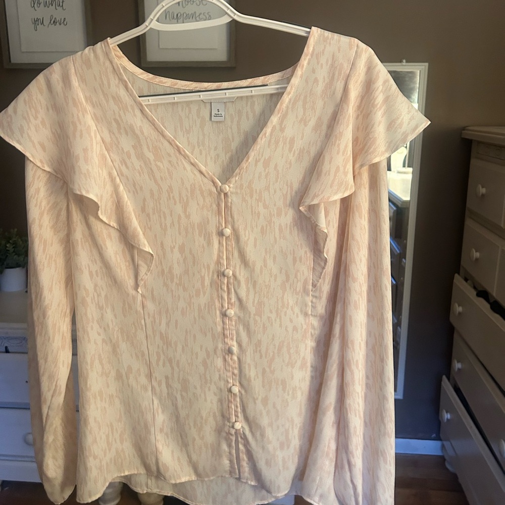 Cream Button-Down Blouse with Ruffle Detail